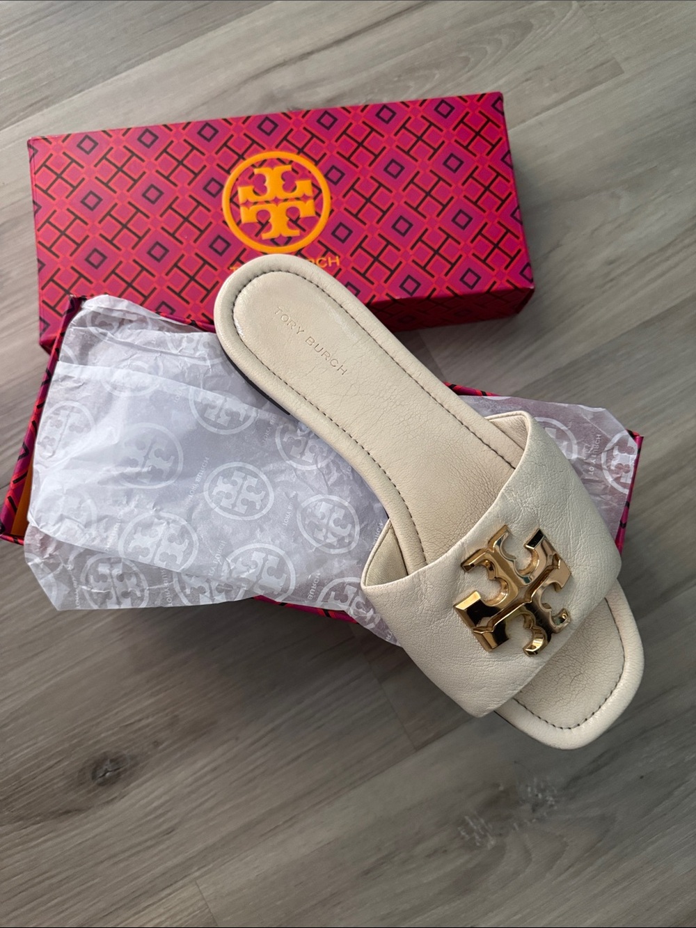 Tory Burch  ONE SANDAL LEFT FOOT Ivory Leather Slide with Gold Logo Accent